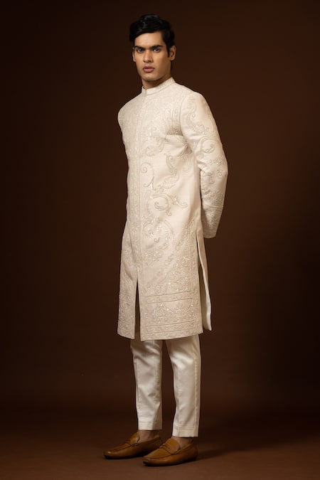 PAARSH Beige Silk, Cotton Diamonds, Embroidery Vintage Sherwani Set Online at Aza Fashions PAARSH_Beige Silk, Cotton Diamonds, Embroidery Vintage Sherwani Set _Online_at_Aza_Fashions