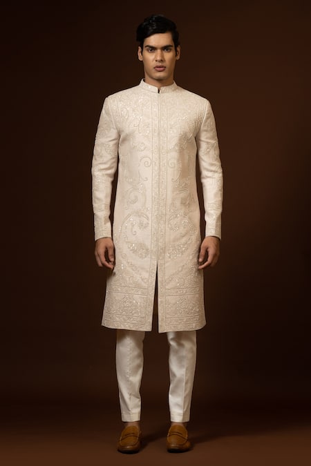 Buy PAARSH Beige Silk, Cotton Diamonds, Embroidery Vintage Sherwani Set Online at Aza Fashions Buy_PAARSH_Beige Silk, Cotton Diamonds, Embroidery Vintage Sherwani Set _Online_at_Aza_Fashions