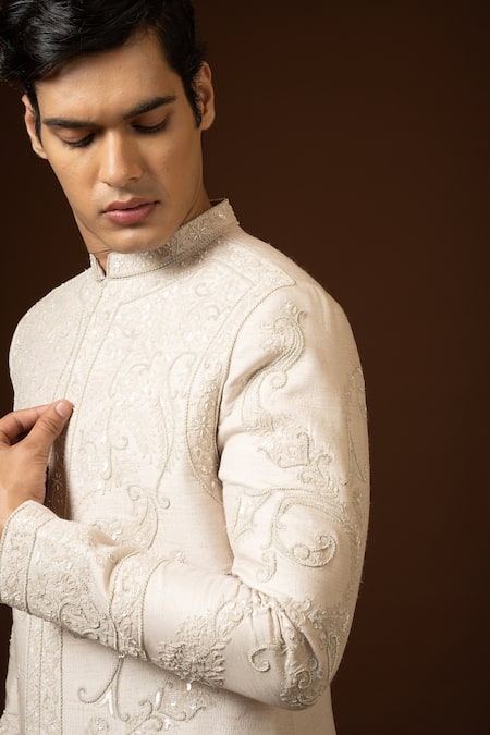 Shop PAARSH Beige Silk, Cotton Diamonds, Embroidery Vintage Sherwani Set Online at Aza Fashions Shop_PAARSH_Beige Silk, Cotton Diamonds, Embroidery Vintage Sherwani Set _Online_at_Aza_Fashions
