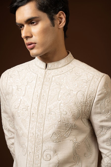 PAARSH Beige Silk, Cotton Diamonds, Embroidery Vintage Sherwani Set at Aza Fashions PAARSH_Beige Silk, Cotton Diamonds, Embroidery Vintage Sherwani Set _at_Aza_Fashions