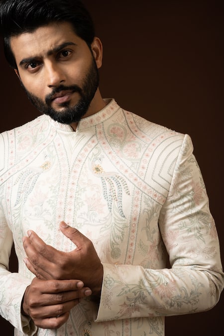 Buy PAARSH Beige Silk, Cotton, Modal Embroidery Ekhtar Resham Sherwani Set Online at Aza Fashions Buy_PAARSH_Beige Silk, Cotton, Modal Embroidery Ekhtar Resham Sherwani Set _Online_at_Aza_Fashions