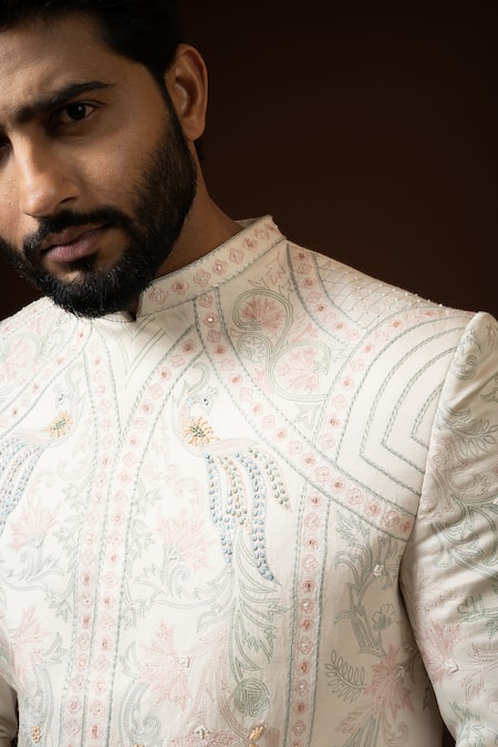 Shop PAARSH Beige Silk, Cotton, Modal Embroidery Ekhtar Resham Sherwani Set Online at Aza Fashions Shop_PAARSH_Beige Silk, Cotton, Modal Embroidery Ekhtar Resham Sherwani Set _Online_at_Aza_Fashions