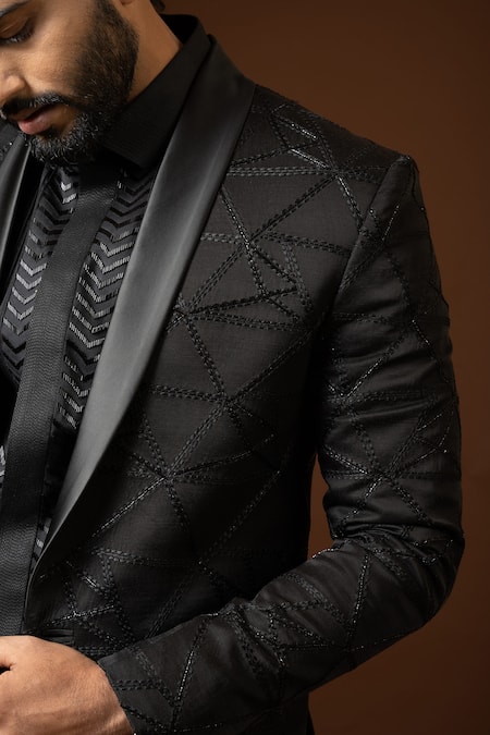 Shop PAARSH Black Cotton, Terrycloth Embroidery Linear Tuxedo And Trouser Set Online at Aza Fashions Shop_PAARSH_Black Cotton, Terrycloth Embroidery Linear Tuxedo And Trouser Set _Online_at_Aza_Fashions