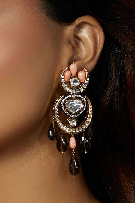 Joules by Radhika_Grey Diamonds, Stones Kundan Polki Embellished Chandbalis_Online_at_Aza_Fashions