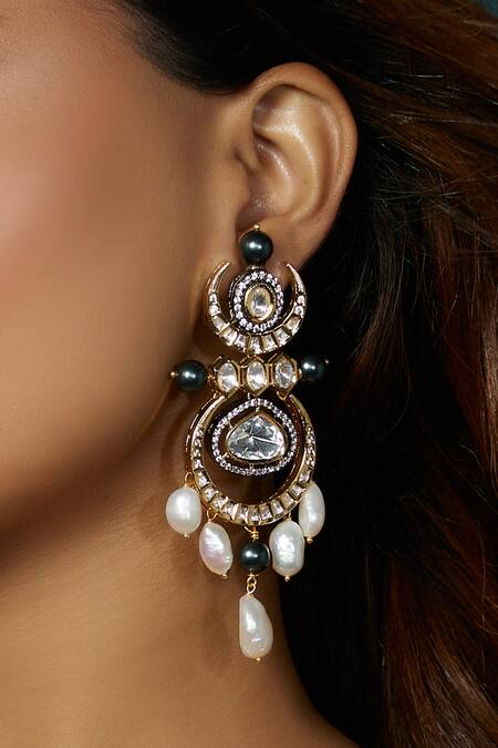 Joules By Radhika Gold Plated Pearls, Diamonds Kundan Polki Chandelier Earrings Online at Aza Fashions Joules By Radhika_Gold Plated Pearls, Diamonds Kundan Polki Chandelier Earrings _Online_at_Aza_Fashions