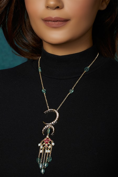 Joules by Radhika_Green Kundan Polki Pendant Long Necklace_Online_at_Aza_Fashions