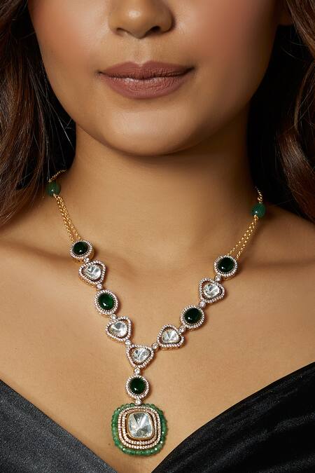 Joules By Radhika_Green Polki Pendant Necklace_Online_at_Aza_Fashions