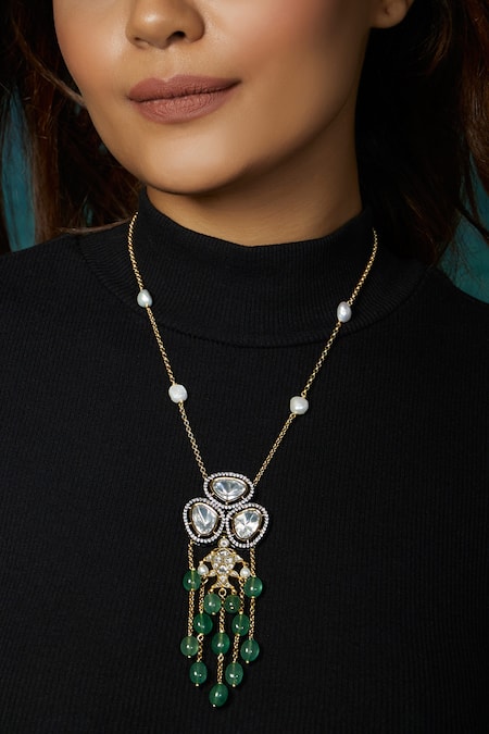 Joules By Radhika Green Antique Polki Long Necklace Online at Aza Fashions Joules By Radhika_Green Antique Polki Long Necklace _Online_at_Aza_Fashions