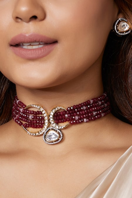 Joules By Radhika Red Imitation Diamonds Crescent Pendant Choker Set Online at Aza Fashions Joules By Radhika_Red Imitation Diamonds Crescent Pendant Choker Set _Online_at_Aza_Fashions
