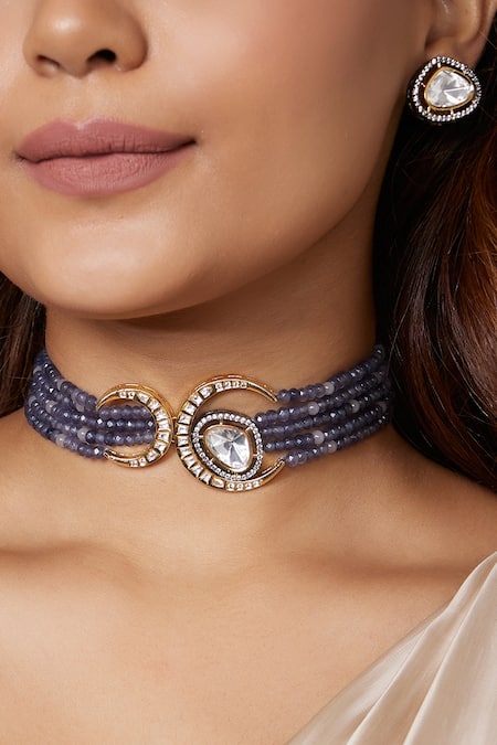 Joules By Radhika_Blue Beads, Diamonds Half Moon Shaped Choker Set _Online_at_Aza_Fashions
