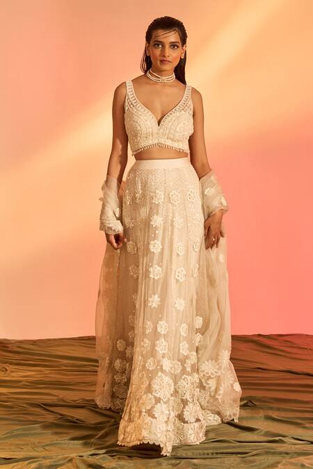 Shop_J By Jannat_Ivory Organza Embroidery Floral Plunge V Neck Bloom Lehenga Set _Online_at_Aza_Fashions