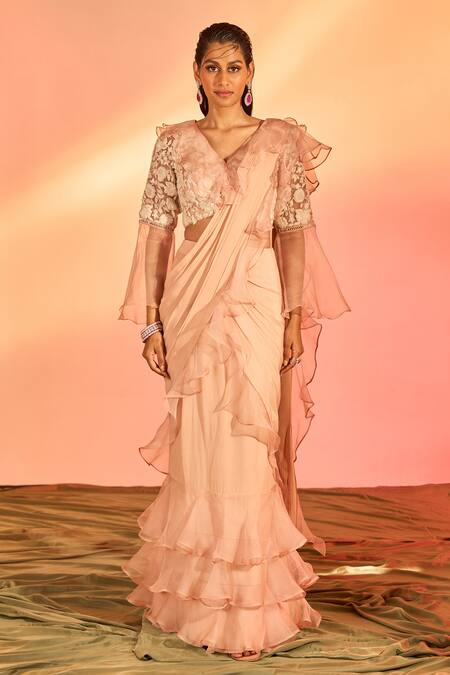 J By Jannat Pink Crepe Hand Embroidery Pre-draped Ruffle Saree With Blouse Online at Aza Fashions J By Jannat_Pink Crepe Hand Embroidery Pre-draped Ruffle Saree With Blouse _Online_at_Aza_Fashions