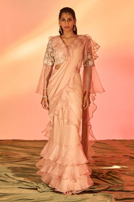 Buy J By Jannat Pink Crepe Hand Embroidery Pre-draped Ruffle Saree With Blouse Online at Aza Fashions Buy_J By Jannat_Pink Crepe Hand Embroidery Pre-draped Ruffle Saree With Blouse _Online_at_Aza_Fashions