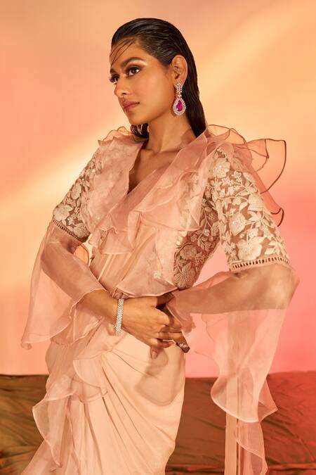 J By Jannat Pink Crepe Hand Embroidery Pre-draped Ruffle Saree With Blouse at Aza Fashions J By Jannat_Pink Crepe Hand Embroidery Pre-draped Ruffle Saree With Blouse _at_Aza_Fashions