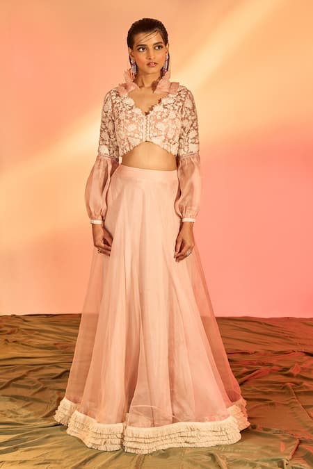 J By Jannat_Pink Organza Hand Embroidery Floral V Neck Blouse With Lehenga  _Online_at_Aza_Fashions