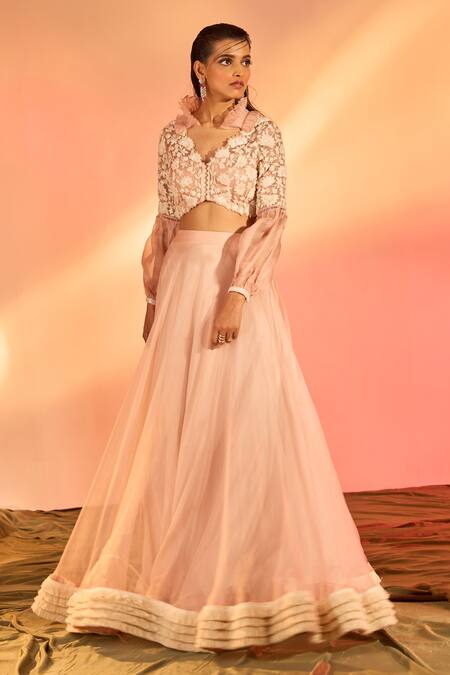 J By Jannat_Pink Organza Hand Embroidery Floral V Neck Blouse With Lehenga  _at_Aza_Fashions