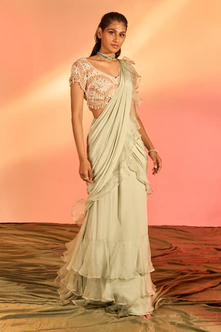 J By Jannat Green Crepe Hand Embroidery Floral V Pre-draped Saree With Blouse Online at Aza Fashions J By Jannat_Green Crepe Hand Embroidery Floral V Pre-draped Saree With Blouse _Online_at_Aza_Fashions