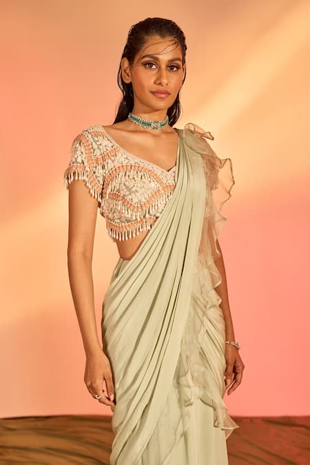 Buy J By Jannat Green Crepe Hand Embroidery Floral V Pre-draped Saree With Blouse Online at Aza Fashions Buy_J By Jannat_Green Crepe Hand Embroidery Floral V Pre-draped Saree With Blouse _Online_at_Aza_Fashions