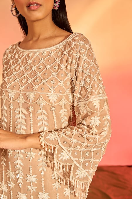 J By Jannat_Pink Chiffon Hand Embroidery Sequin Round Flower Kurta Sharara Set  _Online_at_Aza_Fashions