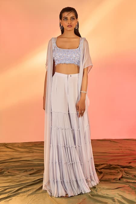 J By Jannat_Blue Georget Hand Embroidery Scallop Sheer Cape Layered Sharara Set  _Online_at_Aza_Fashions
