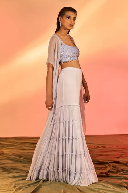 Buy_J By Jannat_Blue Georget Hand Embroidery Scallop Sheer Cape Layered Sharara Set  _Online_at_Aza_Fashions