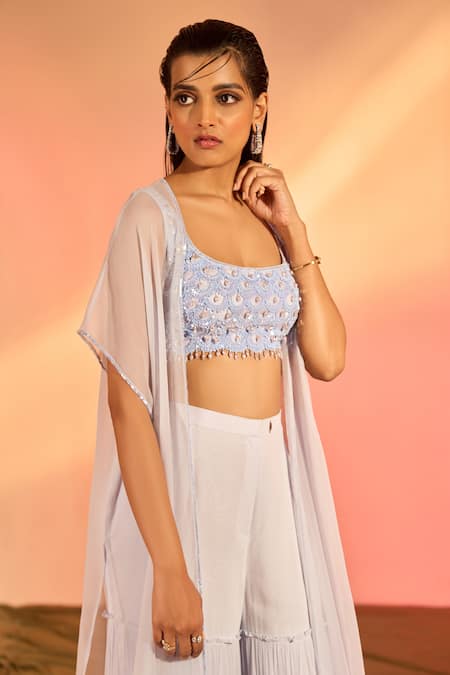 Shop_J By Jannat_Blue Georget Hand Embroidery Scallop Sheer Cape Layered Sharara Set  _Online_at_Aza_Fashions