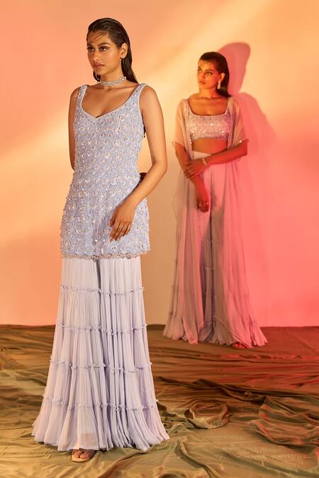 J By Jannat_Blue Georget Hand Embroidery Scallop Sheer Cape Layered Sharara Set  _at_Aza_Fashions