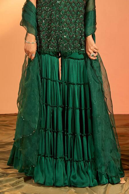 Buy J By Jannat Green Satin Chiffon Hand Embroidery Sequin Scallop Kurta Sharara Set Buy_J By Jannat_Green Satin Chiffon Hand Embroidery Sequin Scallop Kurta Sharara Set