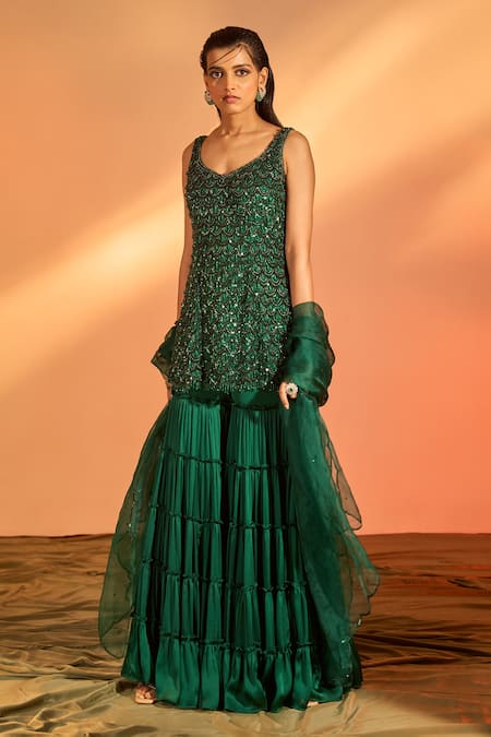 Buy J By Jannat Green Satin Chiffon Hand Embroidery Sequin Scallop Kurta Sharara Set Online at Aza Fashions Buy_J By Jannat_Green Satin Chiffon Hand Embroidery Sequin Scallop Kurta Sharara Set _Online_at_Aza_Fashions