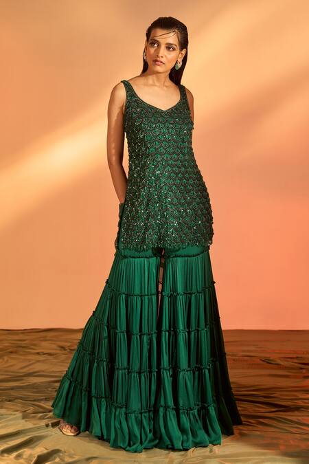Shop J By Jannat Green Satin Chiffon Hand Embroidery Sequin Scallop Kurta Sharara Set Online at Aza Fashions Shop_J By Jannat_Green Satin Chiffon Hand Embroidery Sequin Scallop Kurta Sharara Set _Online_at_Aza_Fashions