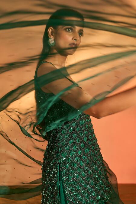 J By Jannat Green Satin Chiffon Hand Embroidery Sequin Scallop Kurta Sharara Set at Aza Fashions J By Jannat_Green Satin Chiffon Hand Embroidery Sequin Scallop Kurta Sharara Set _at_Aza_Fashions