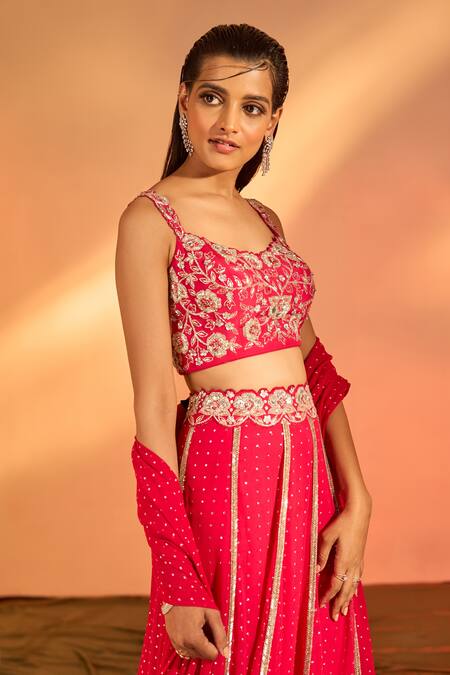 Buy_J By Jannat_Pink Crepe Hand Embroidered Floral Sweetheart Neck Blouse Lehenga Set_Online_at_Aza_Fashions