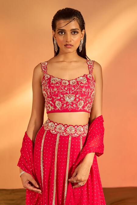 Shop_J By Jannat_Pink Crepe Hand Embroidered Floral Sweetheart Neck Blouse Lehenga Set_Online_at_Aza_Fashions
