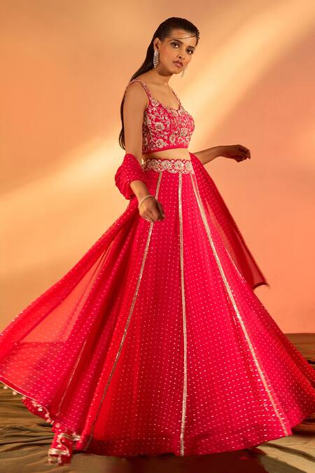 J By Jannat_Pink Crepe Hand Embroidered Floral Sweetheart Neck Blouse Lehenga Set_at_Aza_Fashions