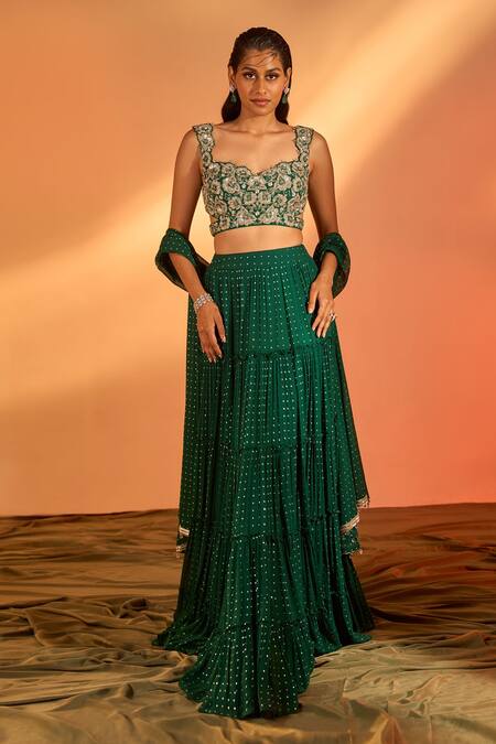 J By Jannat Green Crepe Hand Embroidered Cutdana Sweetheart Blouse Lehenga Set Online at Aza Fashions J By Jannat_Green Crepe Hand Embroidered Cutdana Sweetheart Blouse Lehenga Set _Online_at_Aza_Fashions
