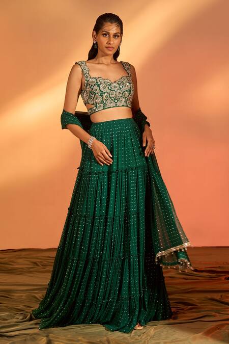 Buy J By Jannat Green Crepe Hand Embroidered Cutdana Sweetheart Blouse Lehenga Set Online at Aza Fashions Buy_J By Jannat_Green Crepe Hand Embroidered Cutdana Sweetheart Blouse Lehenga Set _Online_at_Aza_Fashions