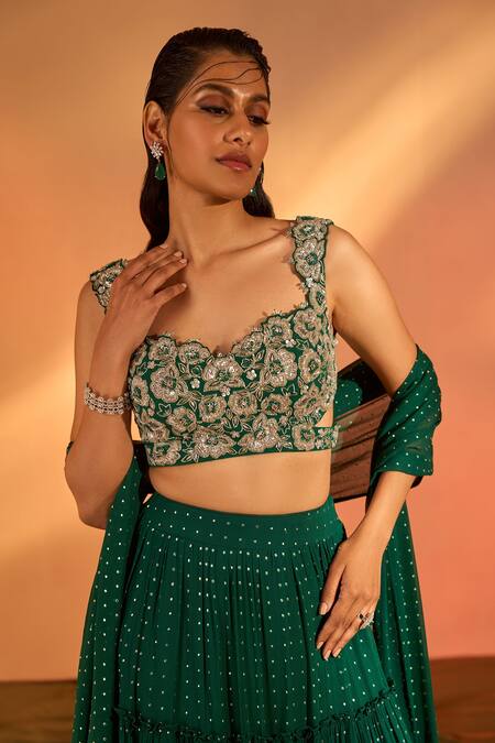 Shop J By Jannat Green Crepe Hand Embroidered Cutdana Sweetheart Blouse Lehenga Set Online at Aza Fashions Shop_J By Jannat_Green Crepe Hand Embroidered Cutdana Sweetheart Blouse Lehenga Set _Online_at_Aza_Fashions