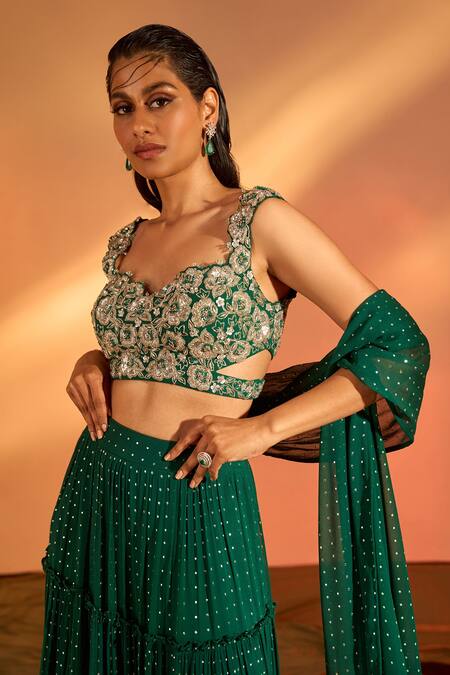 J By Jannat Green Crepe Hand Embroidered Cutdana Sweetheart Blouse Lehenga Set at Aza Fashions J By Jannat_Green Crepe Hand Embroidered Cutdana Sweetheart Blouse Lehenga Set _at_Aza_Fashions