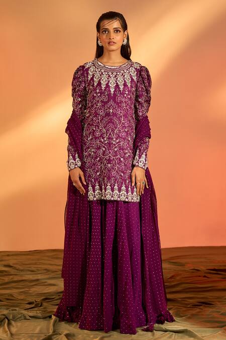 J By Jannat_Purple Silk Hand Embroidered Floral Round Kurta Sharara Set _Online_at_Aza_Fashions