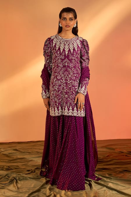 Buy_J By Jannat_Purple Silk Hand Embroidered Floral Round Kurta Sharara Set _Online_at_Aza_Fashions