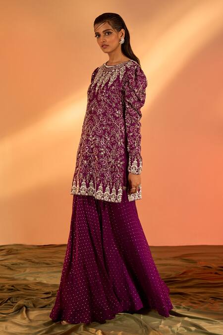 Shop_J By Jannat_Purple Silk Hand Embroidered Floral Round Kurta Sharara Set _Online_at_Aza_Fashions