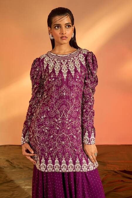 J By Jannat_Purple Silk Hand Embroidered Floral Round Kurta Sharara Set _at_Aza_Fashions