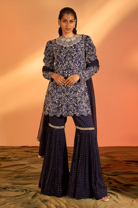 J By Jannat_Blue Silk Hand Embroidered Floral Round Kurta Sharara Set _Online_at_Aza_Fashions