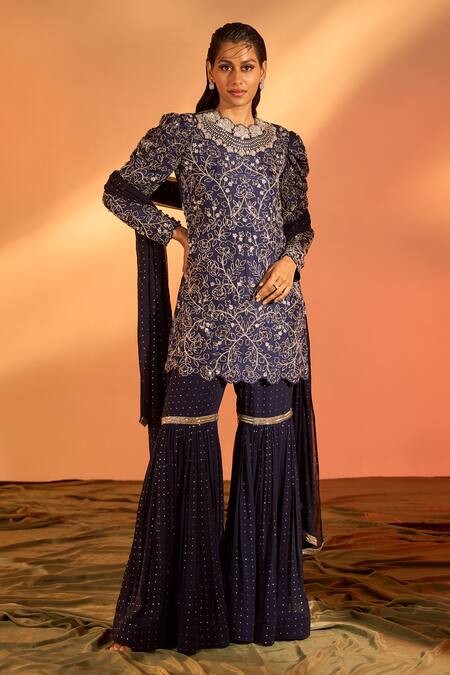 Buy_J By Jannat_Blue Silk Hand Embroidered Floral Round Kurta Sharara Set _Online_at_Aza_Fashions
