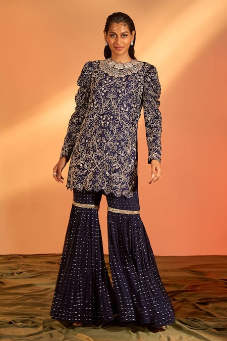 Shop_J By Jannat_Blue Silk Hand Embroidered Floral Round Kurta Sharara Set _Online_at_Aza_Fashions