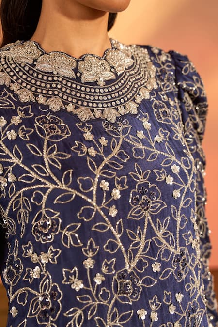 J By Jannat_Blue Silk Hand Embroidered Floral Round Kurta Sharara Set _at_Aza_Fashions