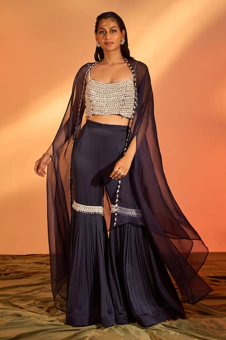 J By Jannat_Blue Satin Chiffon Hand Embroidered Floral Square Neck Cape Sharara Set _Online_at_Aza_Fashions