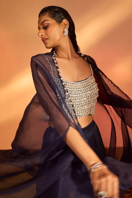 J By Jannat_Blue Satin Chiffon Hand Embroidered Floral Square Neck Cape Sharara Set _at_Aza_Fashions