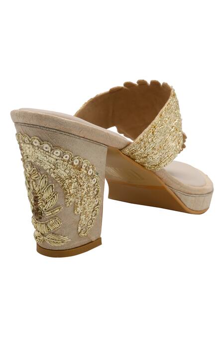 Buy_Veruschka By Payal Kothari_Gold Zardozi And Pitta Jantar Embroidered Heels _Online_at_Aza_Fashions