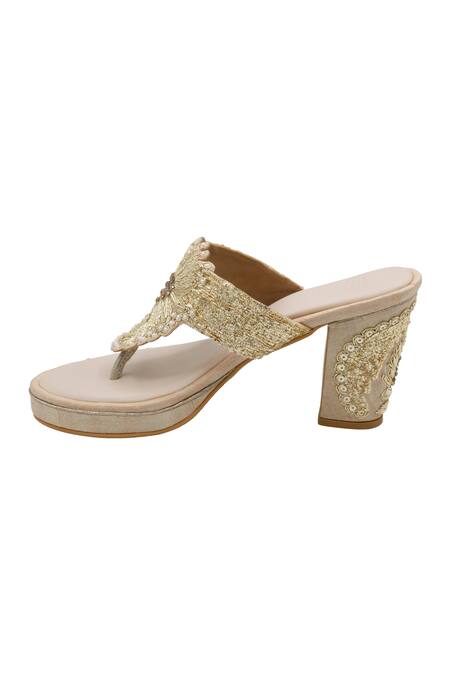 Shop_Veruschka By Payal Kothari_Gold Zardozi And Pitta Jantar Embroidered Heels _Online_at_Aza_Fashions
